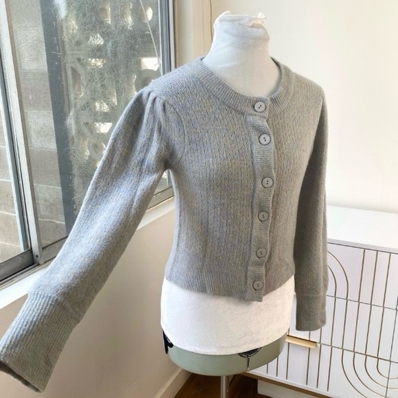 WAYF NWOT Jude Pointelle Puff Shoulder Cropped Heather Blue Gold Cardigan, Sz S - Picture 5 of 10